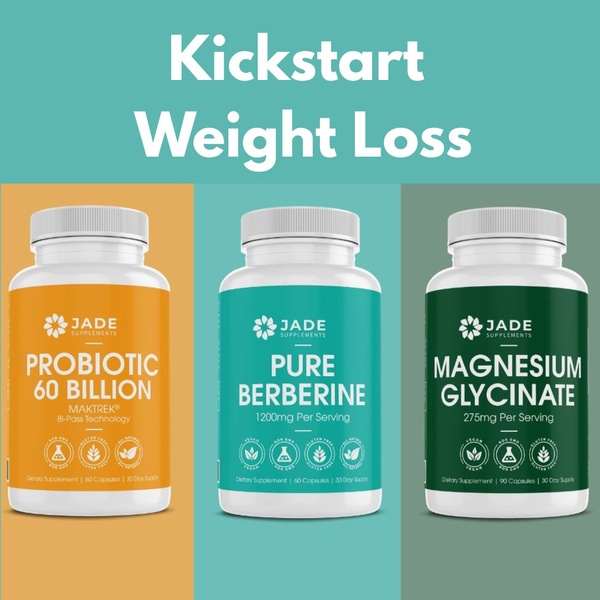 A square-ratio ad creative featuring three different dietary supplement bottles side-by-side against a color-blocked background with a clear benefits-driven headline.